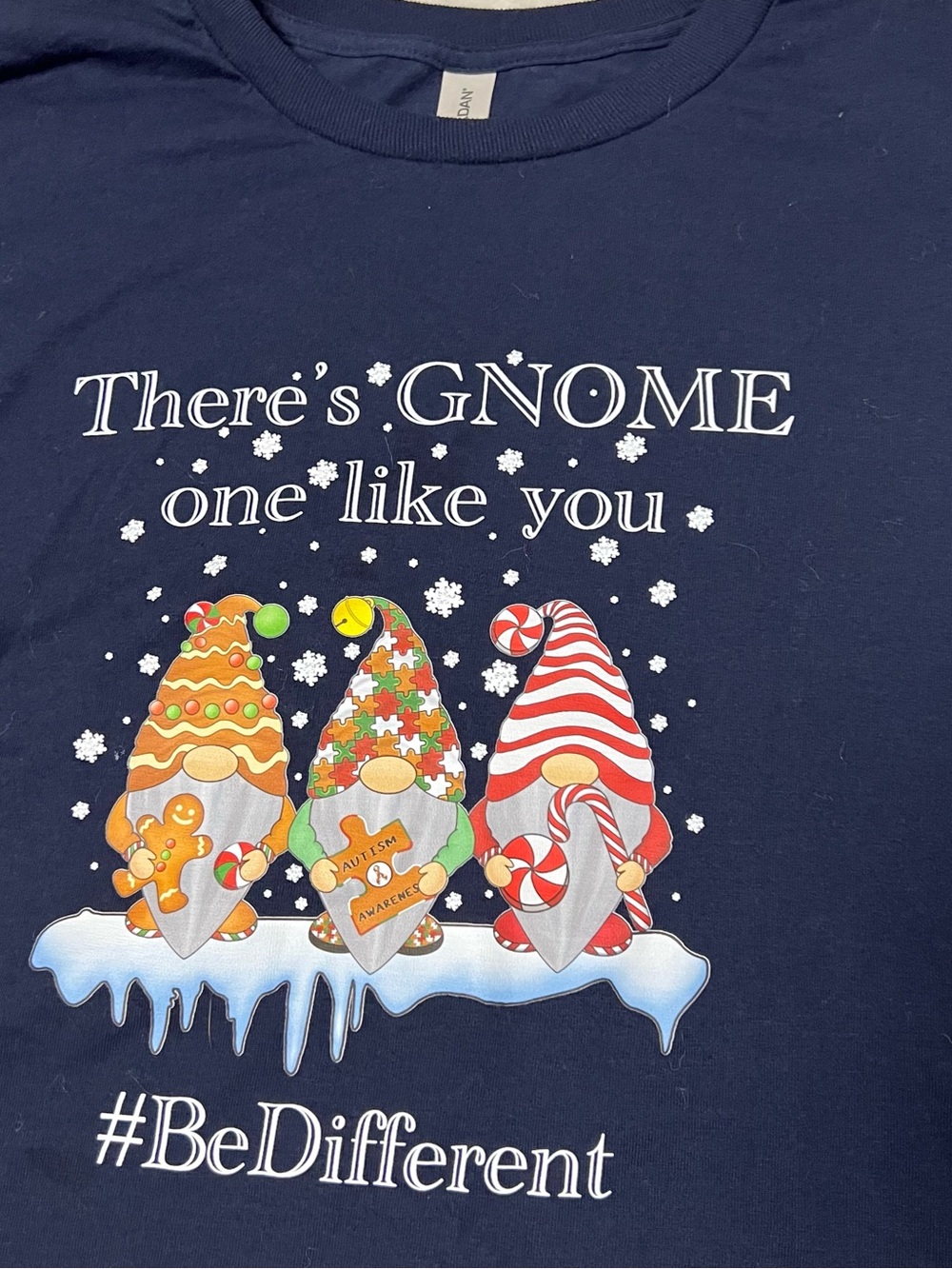 Gildan Navy Holiday Gnome Trio Tee with Red Orange Green Accents